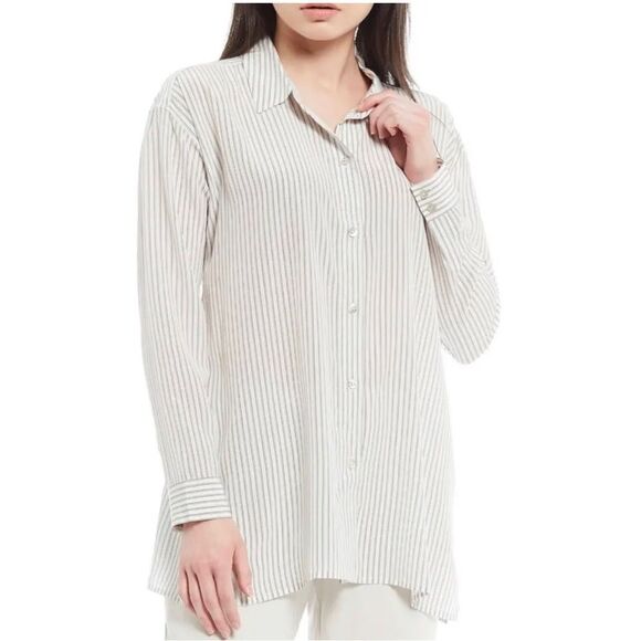 Eileen Fisher 100% Silk Oversized Striped Button Down Tunic Blouse Size S - Picture 3 of 13